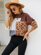 Colorblock Leopard Splicing Pullover Sweater
