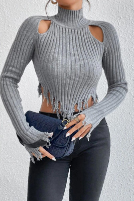 Grey Cut Neck Frayed Knit Crop Sweaters