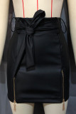 Leather Zipper Design Waist Tie Knot Skirt Dress 