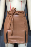 Leather Zipper Design Waist Tie Knot Skirt Dress 