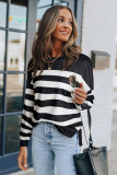 Black Stripe Striped Print Pocketed Long Sleeve Top with Slits