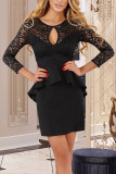 Black Lace Crochet Cut Out Ruffled High Waist Bodycon Dress