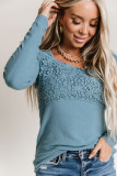 Sky Blue Lace Crochet V Neck Long Sleeve Top