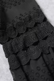 Black Lace Crochet Hollow Out Lantern Sleeve Blouse