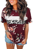 Red Leopard Striped Floral T Shirt