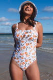 White Fruit Pattern Print Ruched One-piece Swimsuit