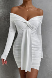 Off Shoulder Twisted Smocked White Dress 