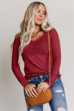 Red Lace Crochet V Neck Long Sleeve Top
