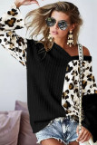 Black Asymmetric Leopard Patchwork Wide Sleeve V Neck Sweater