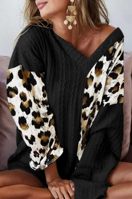 Black Asymmetric Leopard Patchwork Wide Sleeve V Neck Sweater
