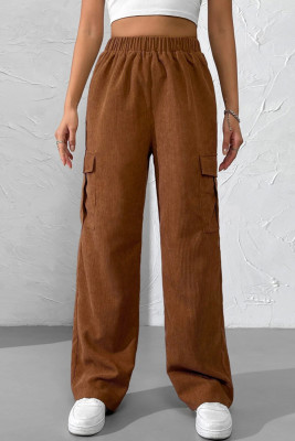 Brown Elastic Waist Pockets Wide Leg Corduroy Pants