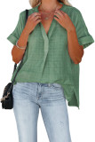 Green Plaid Print Loose V Neck Short Sleeve Shirt with Slits