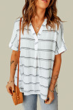 Striped Print Loose V Neck Short Sleeve Shirt with Slits