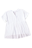 White Plaid Print Loose V Neck Short Sleeve Shirt with Slits