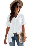 White Plaid Print Loose V Neck Short Sleeve Shirt with Slits