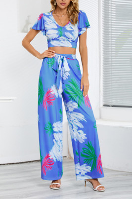 Leaf Print Crop Top and Wide Leg Pants Two Pieces Set 