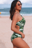 Green Asymmetric One Shoulder Camouflage One-piece Swimwear