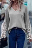 Gray Lace Mesh Flowers Contrast Waffle Knit Top