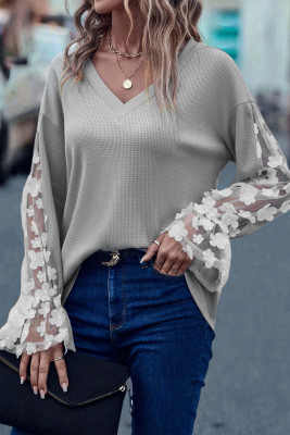 Gray Lace Mesh Flowers Contrast Waffle Knit Top