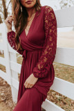 Red Lace Sleeve Faux Wrap Belted Maxi Dress