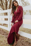 Red Lace Sleeve Faux Wrap Belted Maxi Dress