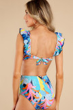 Green Tropical Print Ruffled Square Neck Tie High Waist Swimsuit
