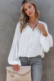 White Solid Color V Neck Balloon Sleeve Shirt