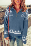 Blue Geometry Knit Quarter Zip Sweater