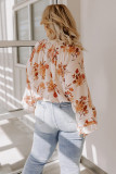 Beige Plus Size Floral Print Pintuck Puff Sleeve Curvy Blouse