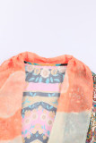 Orange Bohemian Patchwork Print Drawstring Puff Sleeve Kimono