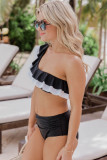 Black Color Block Flounce Ruched One Shoulder Bikini