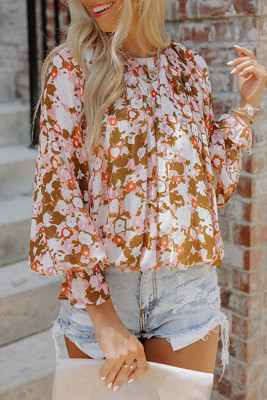 Brown Round Neck Printed Pleated Puff Sleeve Blouse