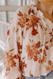 Beige Plus Size Floral Print Pintuck Puff Sleeve Curvy Blouse