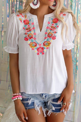 White Floral Embroidered Ruffled Puff Sleeve Blouse