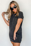 Gray Striped Ribbed Knit T-shirt Shift Dress