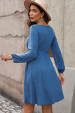 Blue Button Up High Waist Long Sleeve Dress