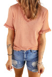 Pink Solid Textured Frill Short Sleeve V Neck T-shirt