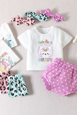 Baby Rabit Printed Top with Leopard Shorts and Headband 3pcs Set