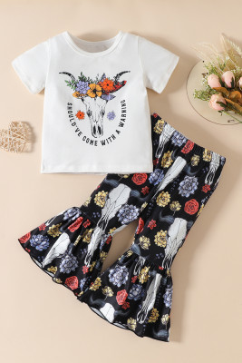 Western Floral Printed Girl Top with Bell Pants 2pcs Set