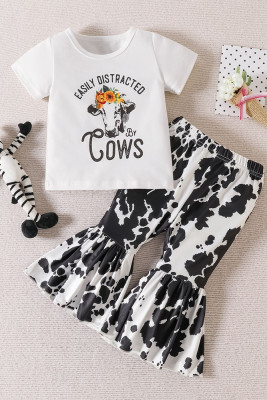 Western Cow Print Girl Top with Bell Pants 2pcs Set