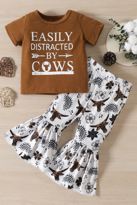 Cow Western Print Girl Top with Bell Pants 2pcs Set
