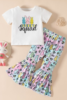 Girl Rabbit Print Easter Top with Bell Pants 2pcs Set