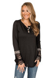 Black Lace Leopard Splicing Buttoned Knit Top