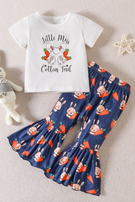 Little Miss Cotton Tail Rabbit Easter Day Print Girl Top with Bell Pants 2pcs Set