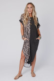 Black Contrast Solid Leopard Short Sleeve T-shirt Dress with Slits