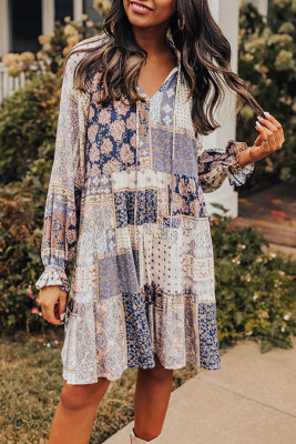 Multicolor Floral Patchwork Print Casual Long Sleeve Dress