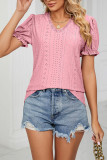 V Neck Lace Edge Puff Sleeves Hollow Out Top