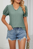 V Neck Lace Edge Puff Sleeves Hollow Out Top