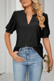 Plain V Neck Bubble Sleeves Hollow Out Top