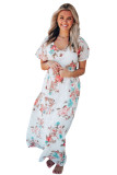 White V Neck Short Sleeves Floral Print Maxi Dress